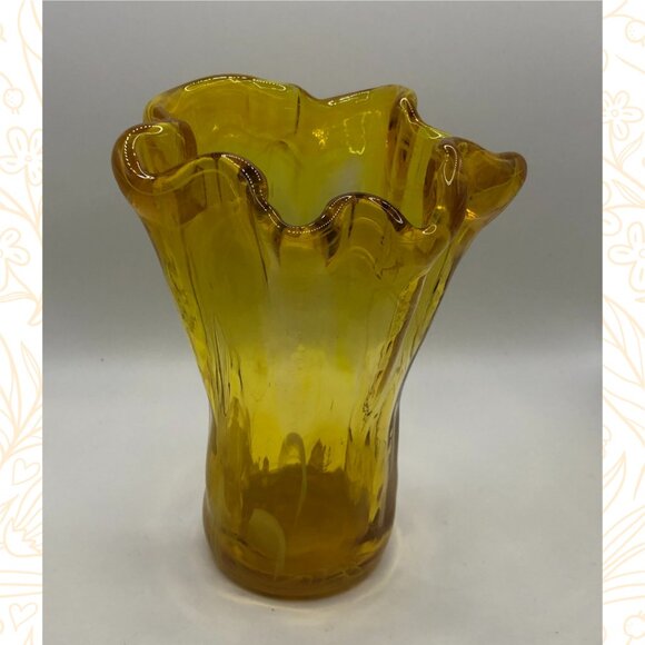 Vintage Orange Glowy Stretch Glass Yellow Vase - Picture 2 of 3